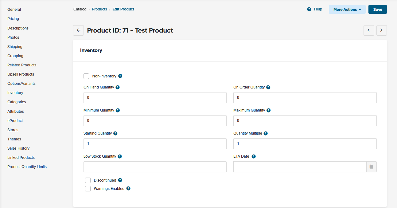 Product inventory settings