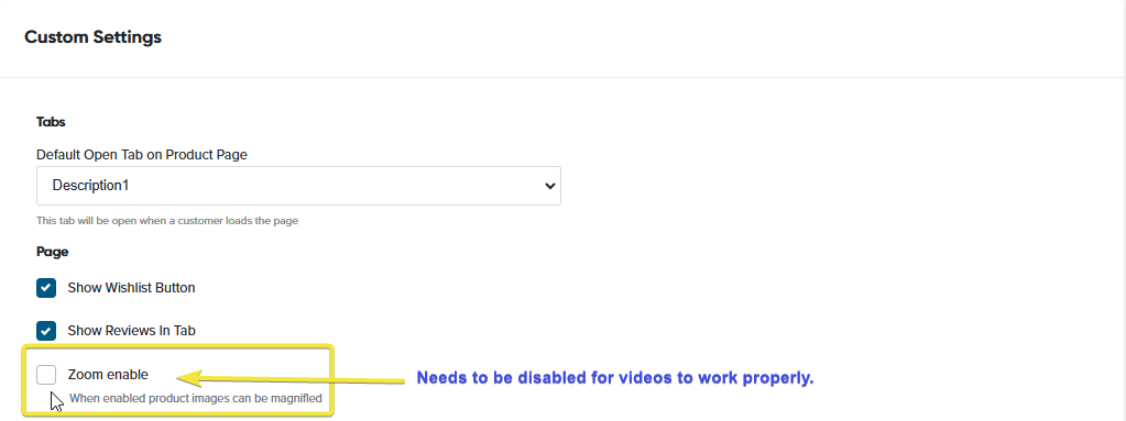Zoom Enable setting in Product Details